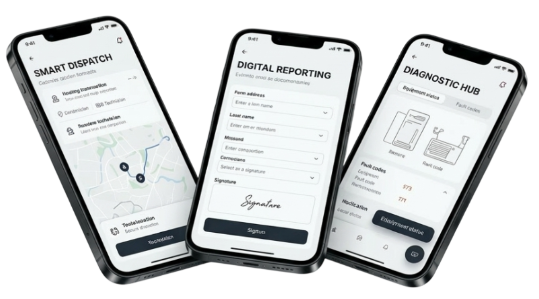 FSN mobile app showcasing Smart Dispatch, Digital Reporting, and Diagnostic Hub features
